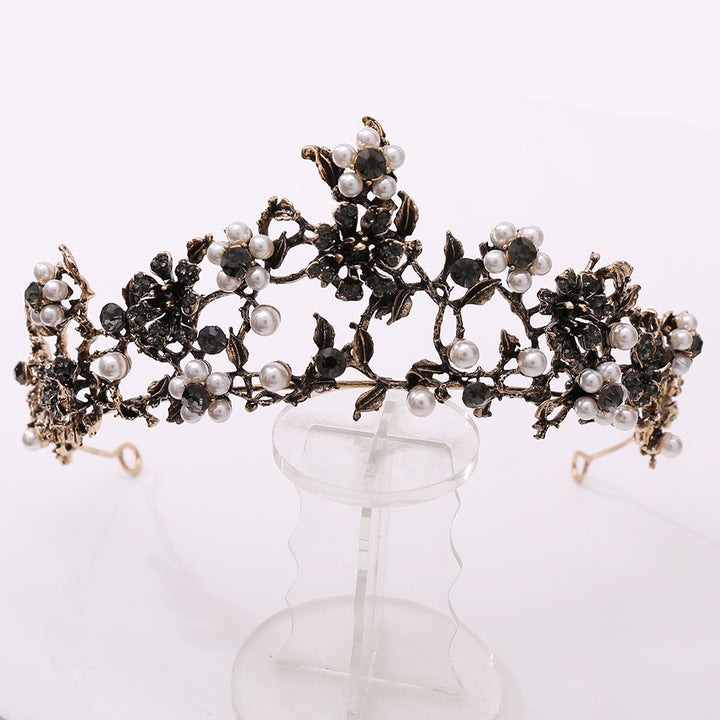 Floral Black Diamond Pearl Baroque Bridal Crown Wedding Tiara Accessories