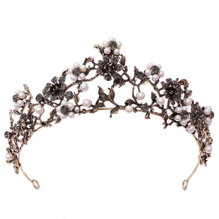 Floral Black Diamond Pearl Baroque Bridal Crown Wedding Tiara Accessories
