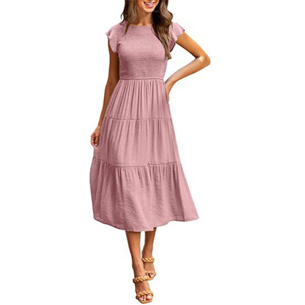 Holiday Style High Waist Dresses Summer Ruffled Sleeve A-line Beach Dress