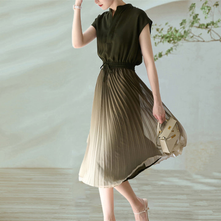 Pleated Gradual Slimming Lace-up Elastic Waist Dress