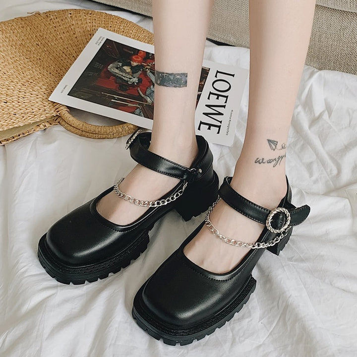 Rimocy Black Pu Leather Metal Chain Chunky Mary Janes Shoes Woman Autumn Square Heels Ankle Strap Platform Pumps Women Punk