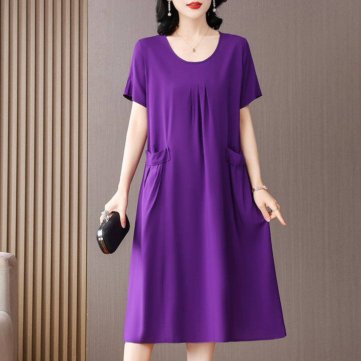 Cotton Silk Midi Dress Mother's Short Sleeve Loose Printed Dress