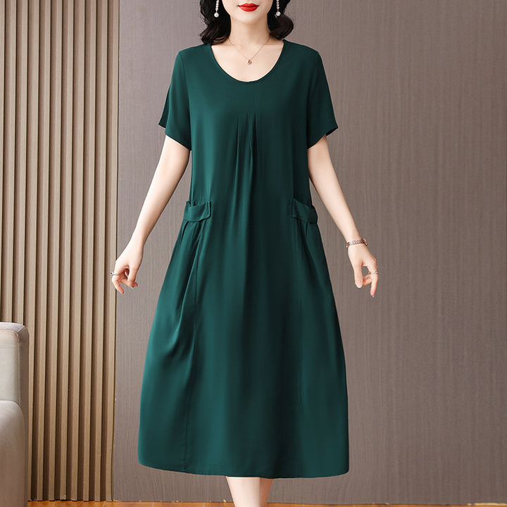 Cotton Silk Midi Dress Mother's Short Sleeve Loose Printed Dress