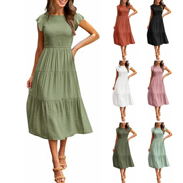 Holiday Style High Waist Dresses Summer Ruffled Sleeve A-line Beach Dress