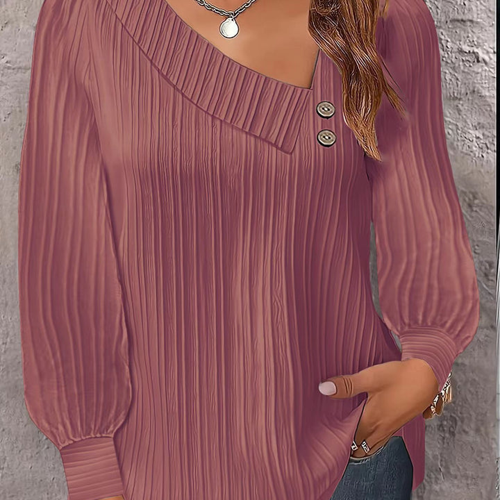 V-neck Buttons Solid Color Long Sleeve Shirt Women