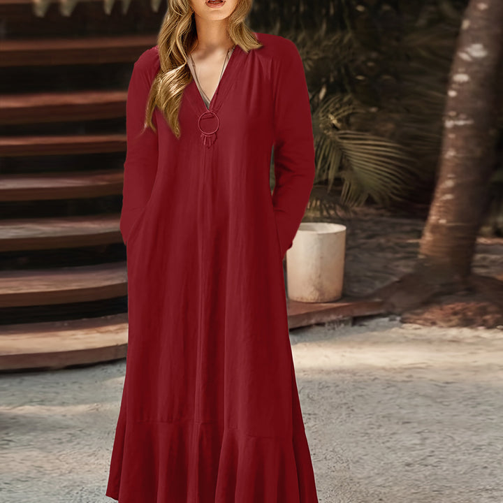 Women's Solid Color And V-neck Lace-up Long Sleeve Dress