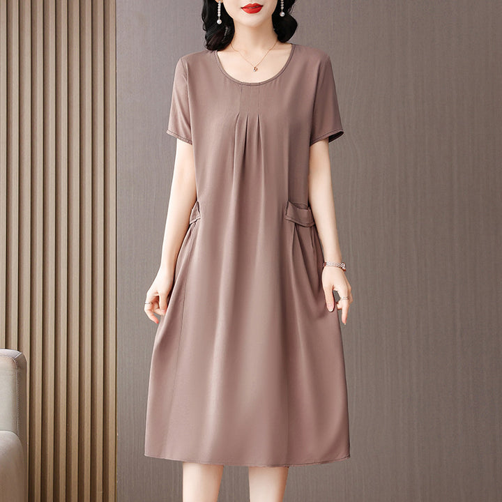 Cotton Silk Midi Dress Mother's Short Sleeve Loose Printed Dress