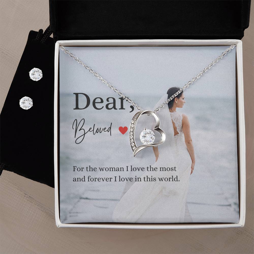 Dear Beloved, 14k White gold necklace & earring set