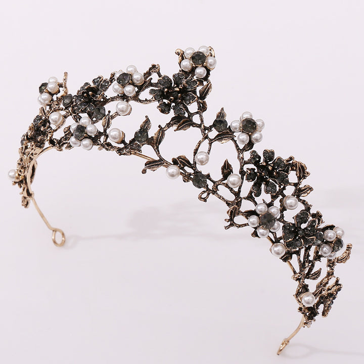 Floral Black Diamond Pearl Baroque Bridal Crown Wedding Tiara Accessories