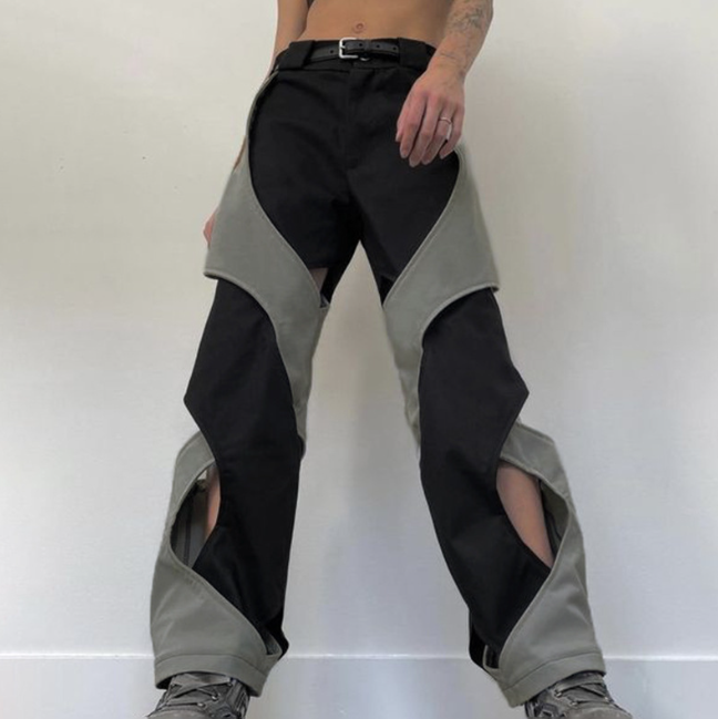 Street Chic Hollow-out Cross Design Contrast Color High Waist Woven Pants