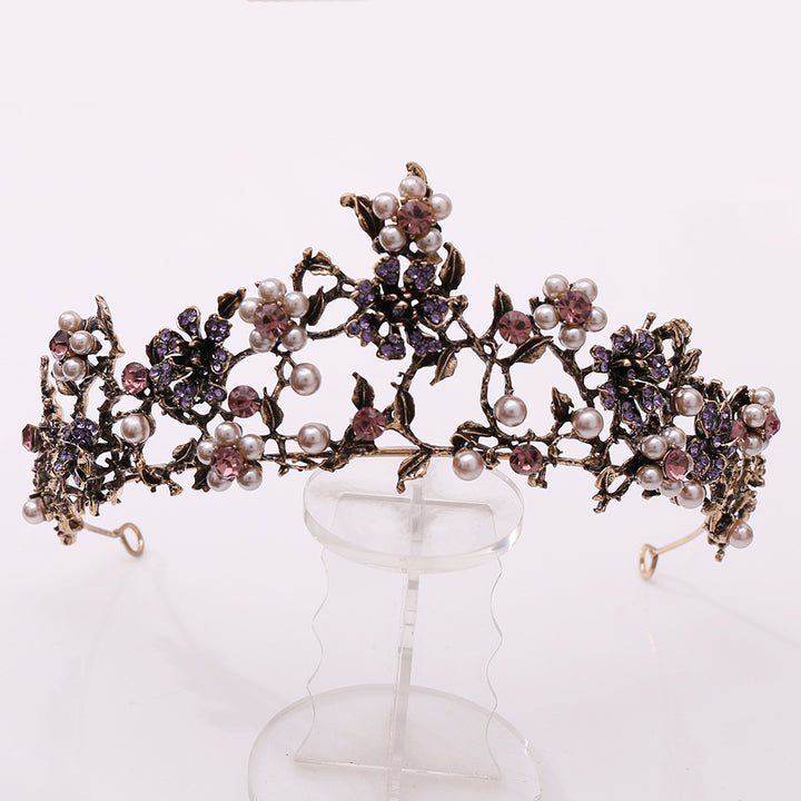 Floral Black Diamond Pearl Baroque Bridal Crown Wedding Tiara Accessories